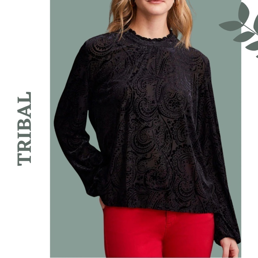 TRIBAL 19920-8071 BLACK BURN OUT PAISLEY TOP Mock Neck Long Sleeve Size Medium